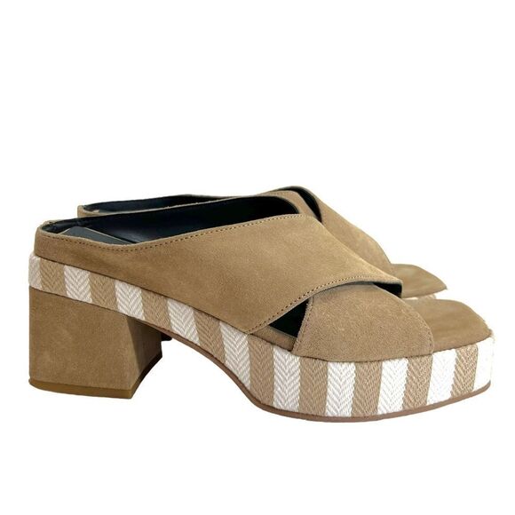 Brenda Zaro Square Toe Tan & White Striped Platform Suede Block Heel Sandals - Picture 2 of 12